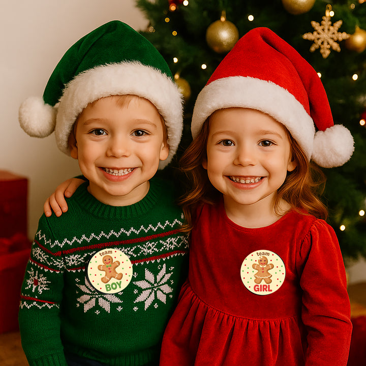 Revelación de género navideño: Fiesta de pan de jengibre - Pegatinas del equipo Él o del Equipo Ella - 40 pegatinas