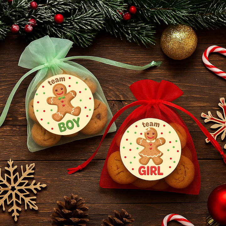 Revelación de género navideño: Fiesta de pan de jengibre - Pegatinas del equipo Él o del Equipo Ella - 40 pegatinas