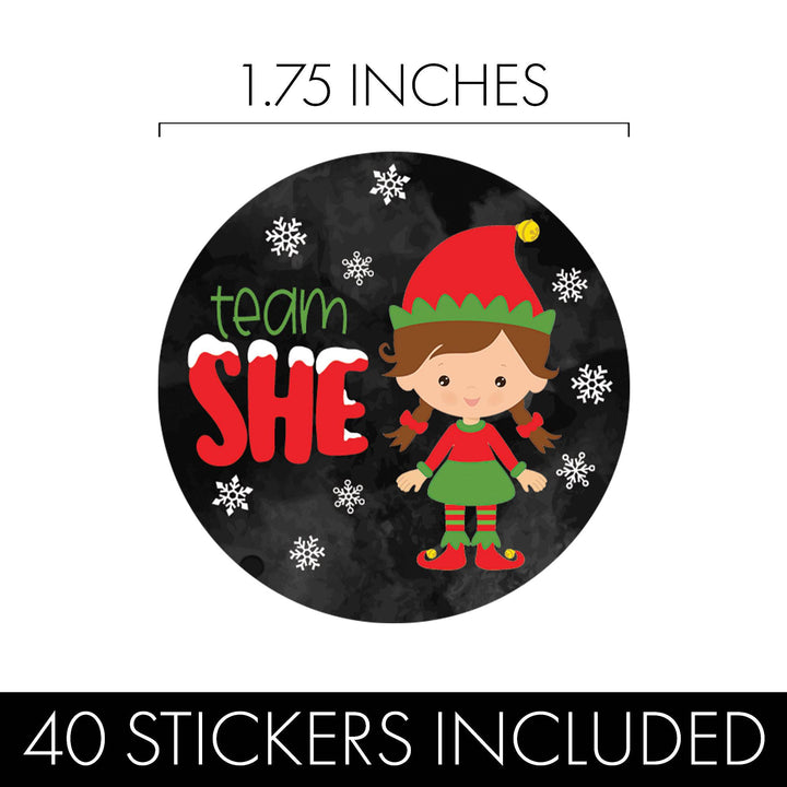 Christmas Gender Reveal: Elf Party - Team He or Team She Stickers - 40 Stickers - Distinctivs Party