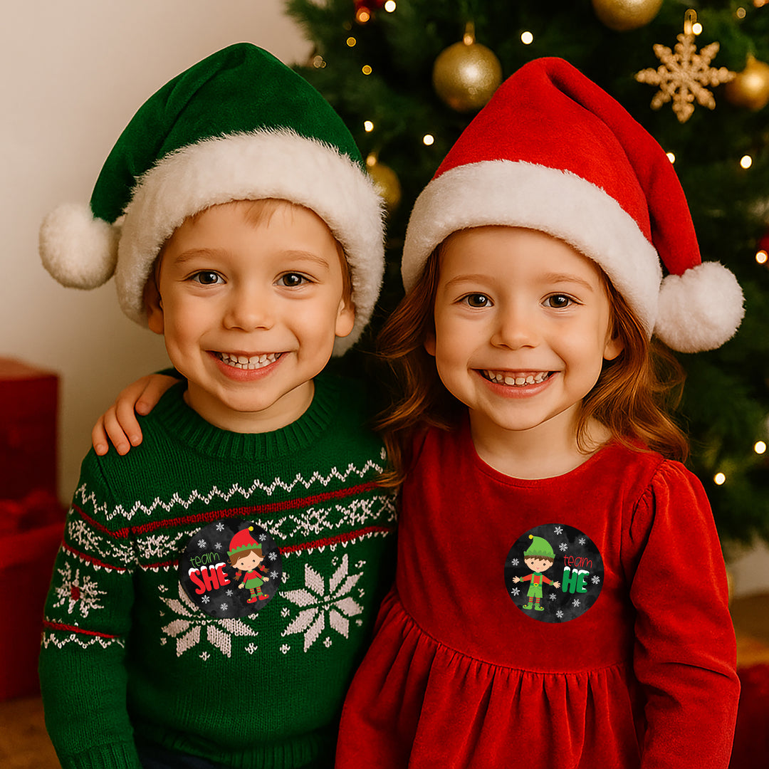 Revelación de género navideño: Fiesta de elfos - Pegatinas del equipo Él o del Equipo Ella - 40 pegatinas