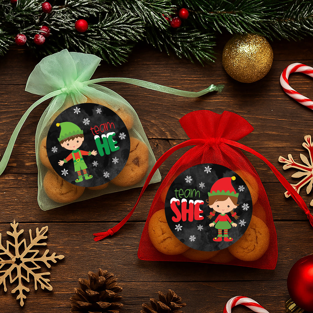 Revelación de género navideño: Fiesta de elfos - Pegatinas del equipo Él o del Equipo Ella - 40 pegatinas