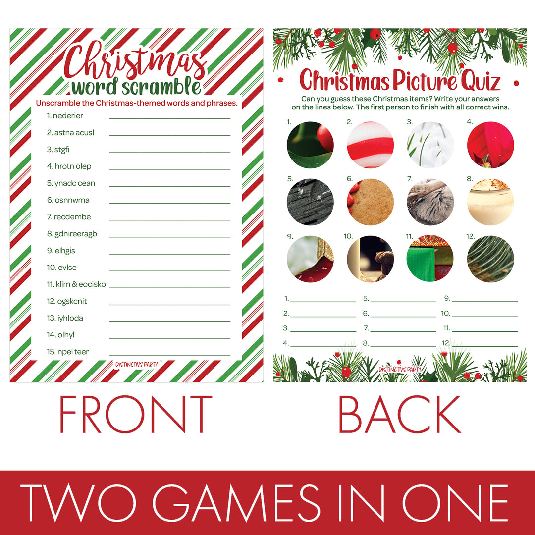 Christmas Cheer: Christmas Party Game  - Holiday Word Scramble and Picture Quiz - Two Game Bundle - 25 Dual Sided Game Cards