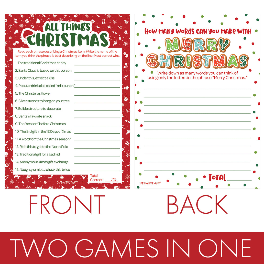 Juego de fiesta de Navidad: Christmas Cheer - All Things Christmas and Christmas Anagram - Paquete de dos juegos - 25 tarjetas de juego de doble cara