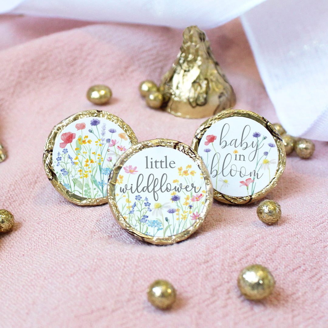 Little Wildflower: Pegatinas de dulces para baby shower para niña, besos, primavera, 180 pegatinas florales para regalos de fiesta 
