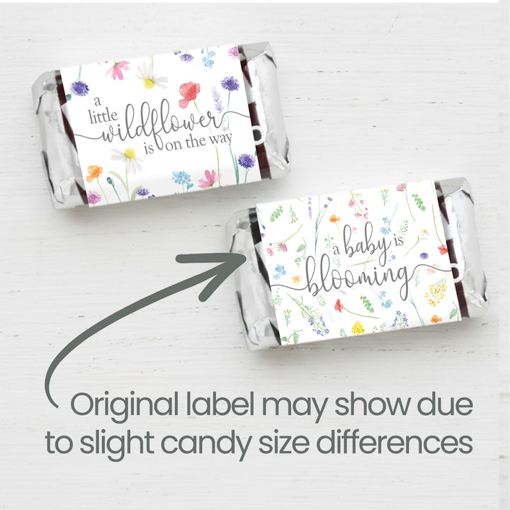 Little Wildflower: Mini envoltorios para barra de dulces para baby shower para niña, primavera, 45 pegatinas para regalos de fiesta