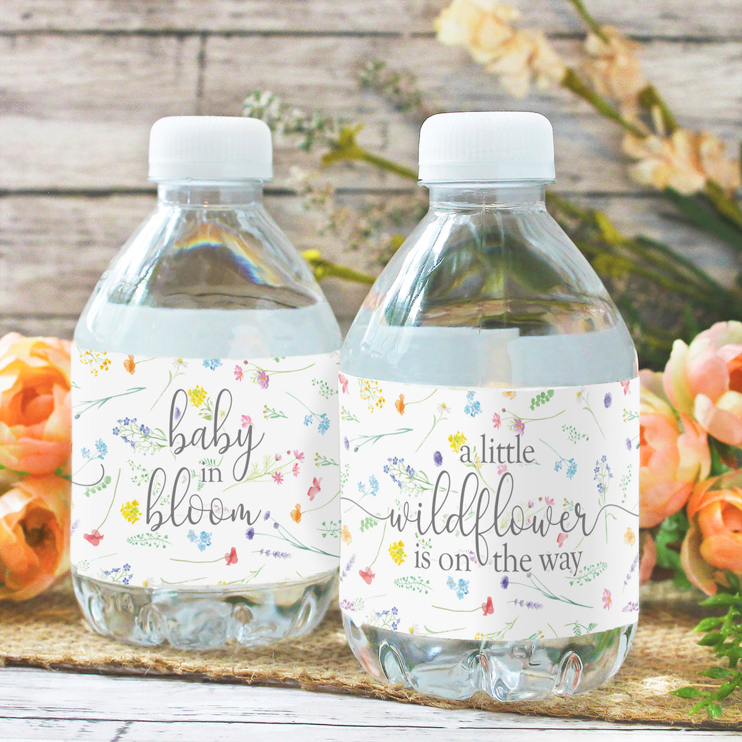 Little Wildflower: Etiquetas para botellas de agua para baby shower de niña, primavera, 24 pegatinas florales para regalos de fiesta