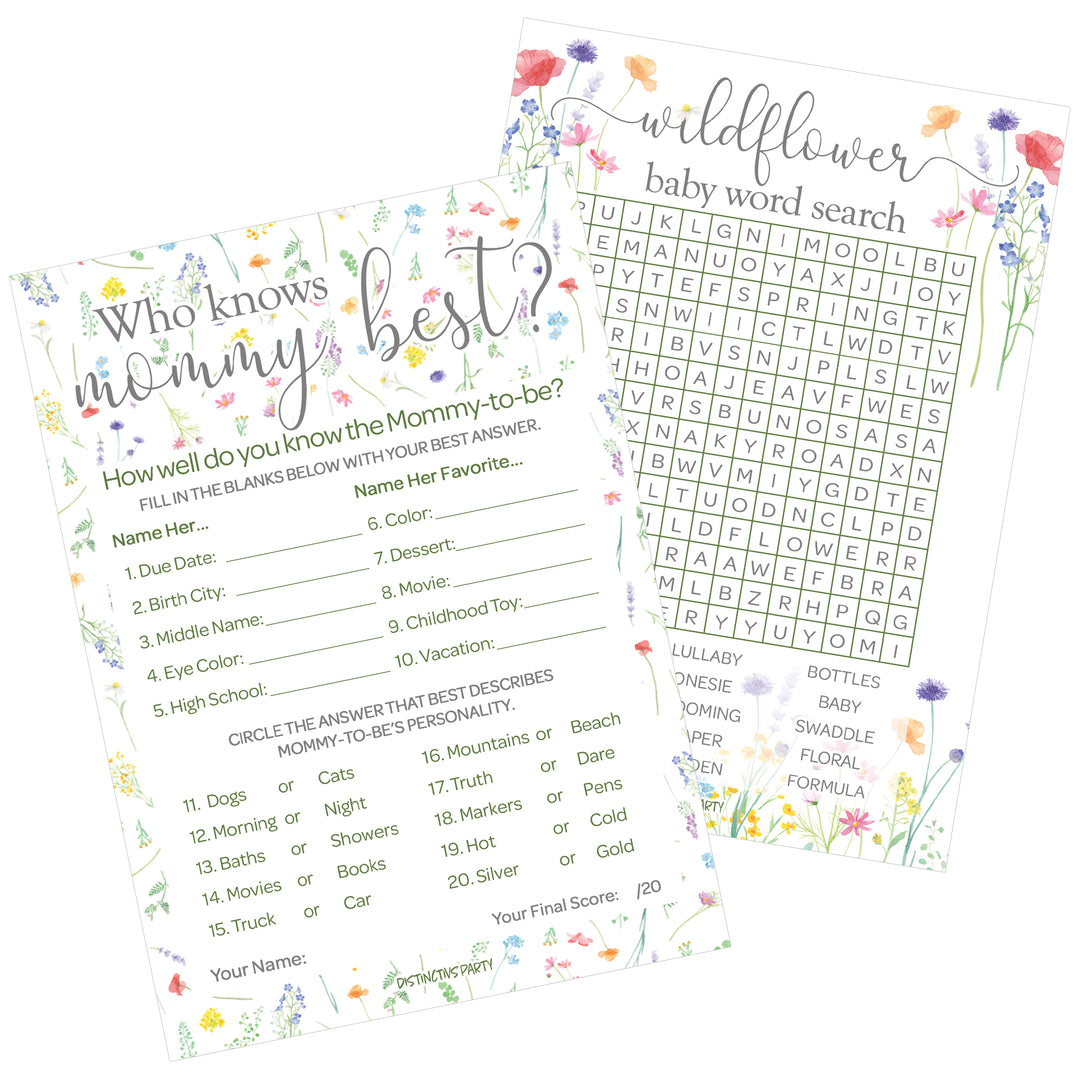 Little Wildflower: Who Knows Mommy Best and Word Search Baby Shower - Two Game Bundle - Girl, Spring - 20 Dual-Sided Game Cards