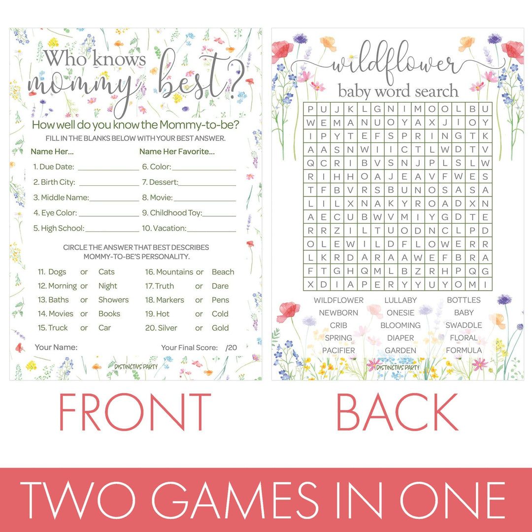 Little Wildflower: Who Knows Mommy Best and Word Search Baby Shower - Paquete de dos juegos - Niña, Primavera - 20 tarjetas de juego de doble cara