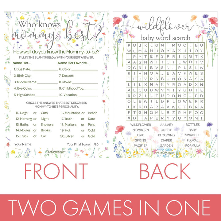 Little Wildflower: Who Knows Mommy Best and Word Search Baby Shower - Paquete de dos juegos - Niña, Primavera - 20 tarjetas de juego de doble cara