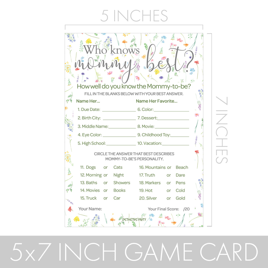Little Wildflower: Who Knows Mommy Best and Word Search Baby Shower - Paquete de dos juegos - Niña, Primavera - 20 tarjetas de juego de doble cara