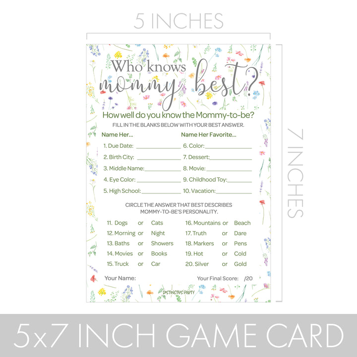 Little Wildflower: Who Knows Mommy Best and Word Search Baby Shower - Paquete de dos juegos - Niña, Primavera - 20 tarjetas de juego de doble cara
