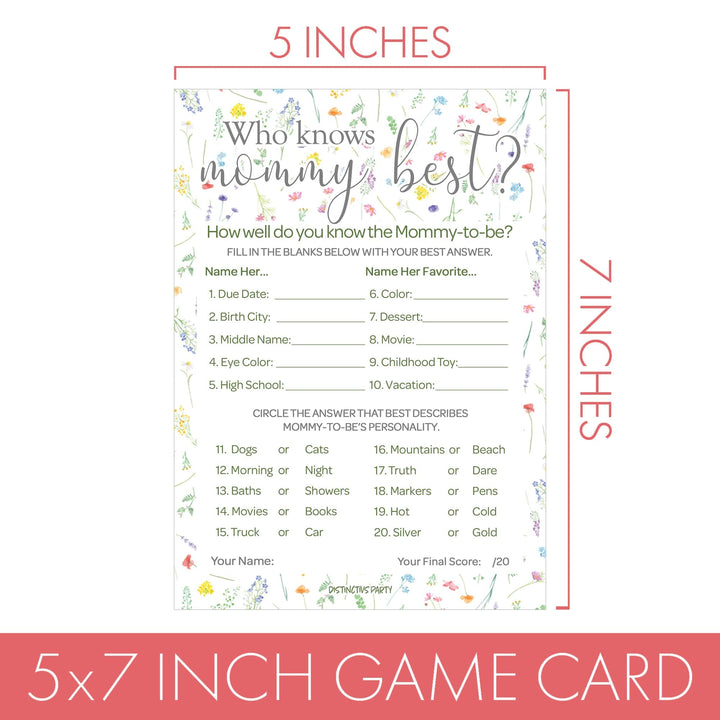 Little Wildflower: Who Knows Mommy Best and Word Search Baby Shower - Paquete de dos juegos - Niña, Primavera - 20 tarjetas de juego de doble cara