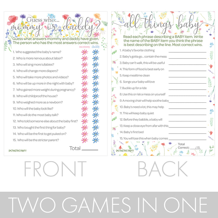 Little Wildflower: Baby Shower Game - All Things Baby and "Guess Who" - Two Game Bundle - Girl, Spring - 20 Dual-Sided Game Cards