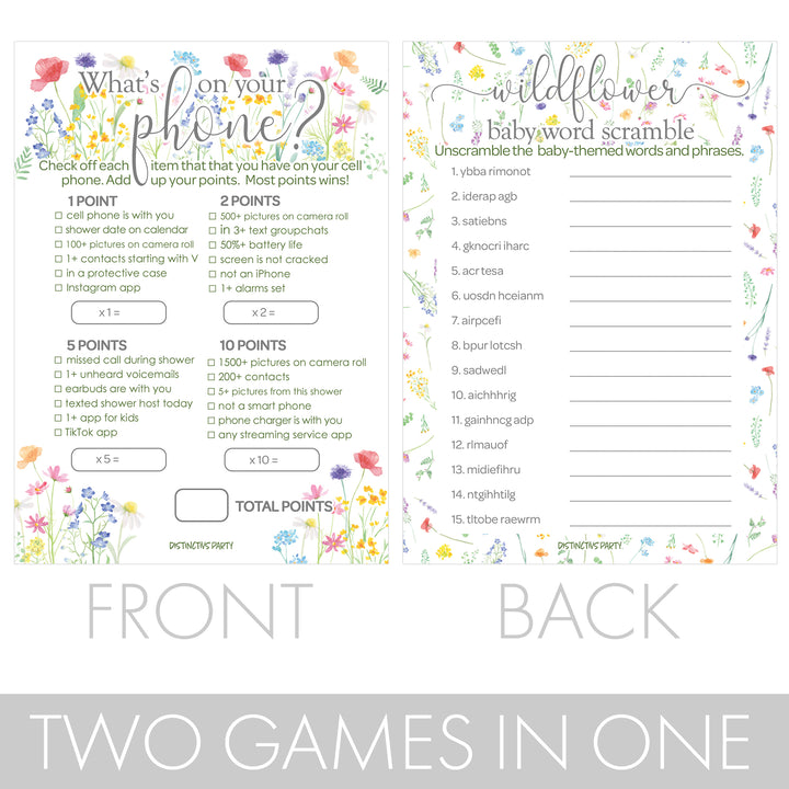 Little Wildflower: Baby Shower Game - What's On Your Phone and Word Scramble Baby Shower - Two Game Bundle -  Girl, Spring - 20 Dual-Sided Game Cards