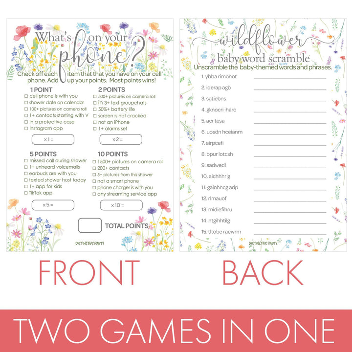 Little Wildflower: Baby Shower Game - What's On Your Phone and Word Scramble Baby Shower - Two Game Bundle -  Girl, Spring - 20 Dual-Sided Game Cards