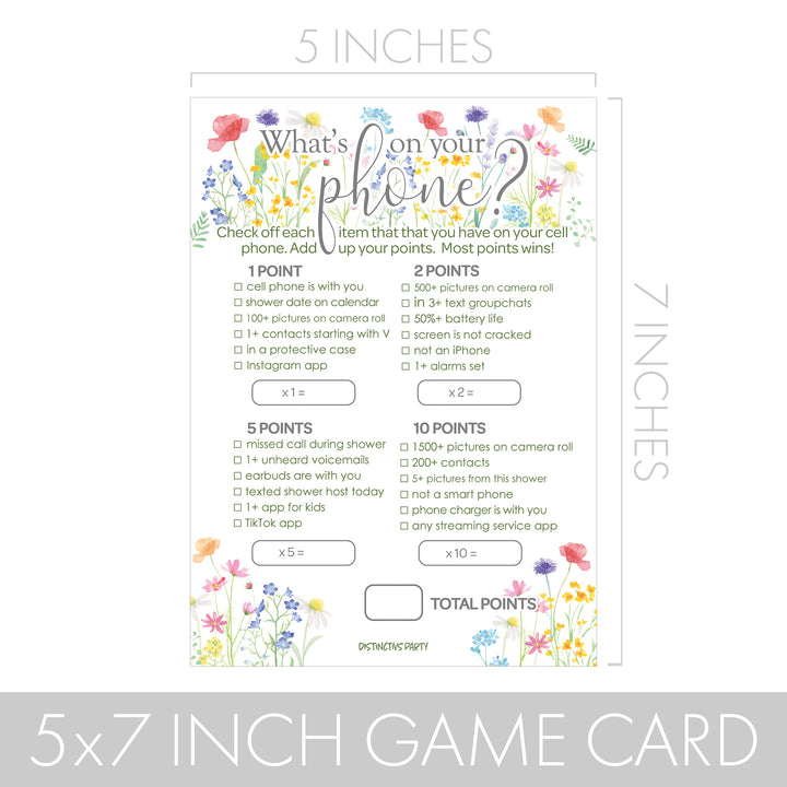 Little Wildflower: Baby Shower Game - Qué hay en tu teléfono y Word Scramble Baby Shower - Paquete de dos juegos - Niña, Primavera - 20 tarjetas de juego de doble cara