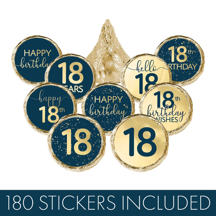 18th Birthday: Navy Blue & Gold - Adult Birthday - Party Favor Stickers Fits Hershey's Kisses Candy - 180 Count - Distinctivs Party