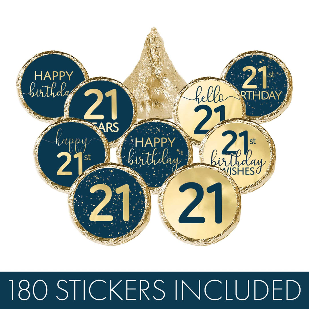 21st Birthday: Navy Blue & Gold - Adult Birthday - Stickers - Fits Hershey's Kisses Candy - 180 Stickers - Distinctivs Party