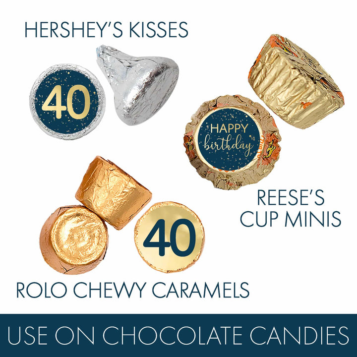 40th Birthday: Navy Blue & Gold - Adult Birthday - Stickers - Fits Hershey's Kisses Candy - Distinctivs Party