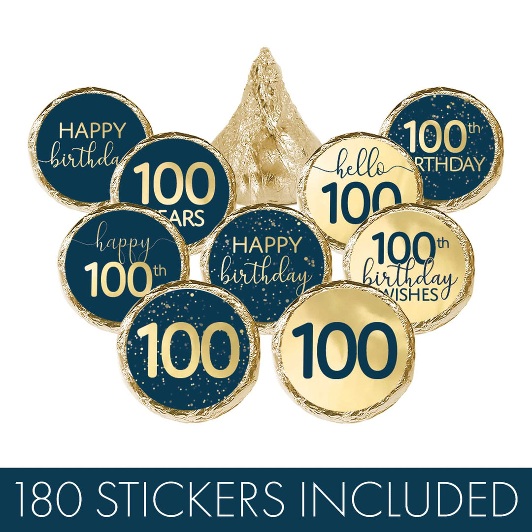 100th Birthday: Navy Blue & Gold - Adult Birthday - Hershey's® Kisses Candy Stickers - 180 Stickers - Distinctivs Party