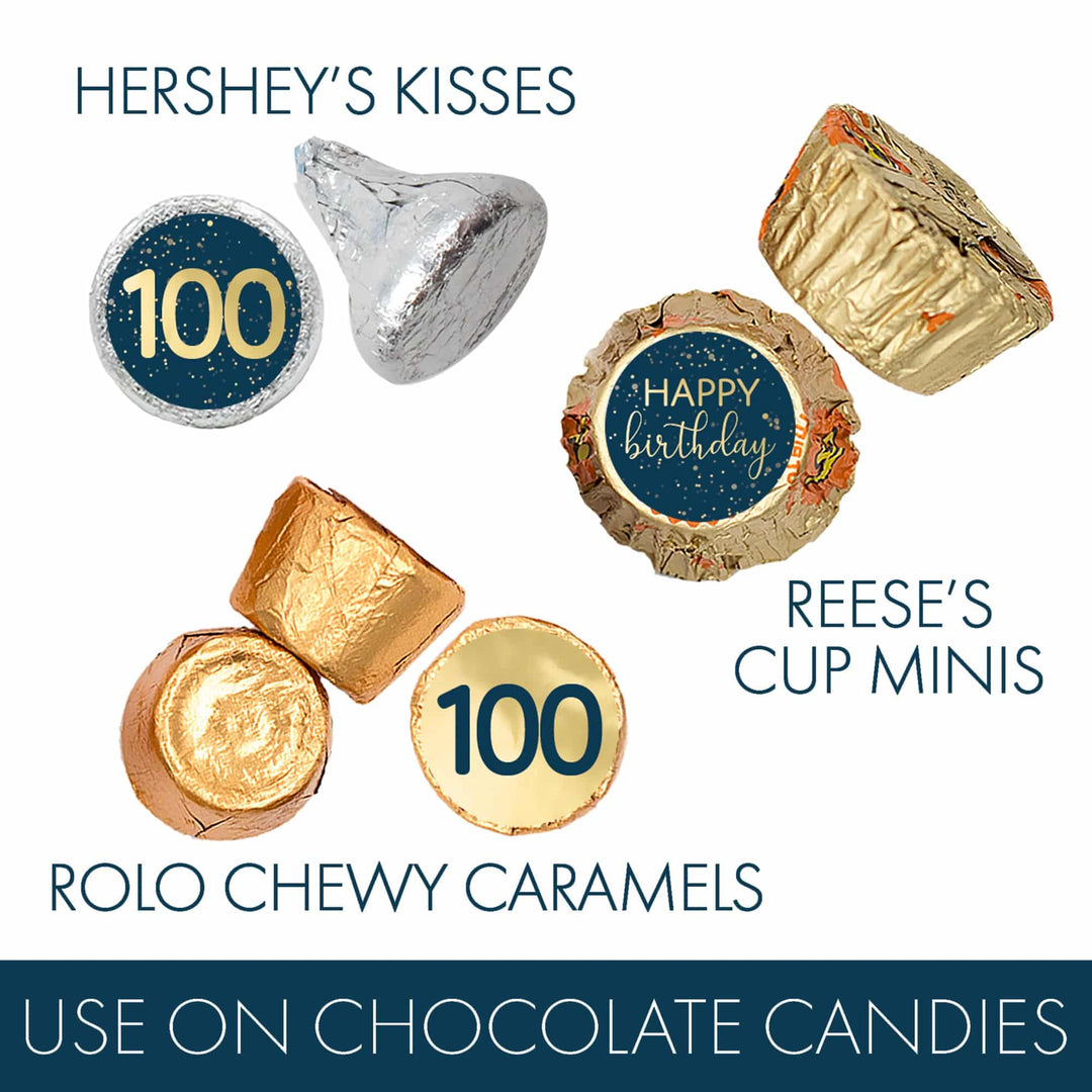 100th Birthday: Navy Blue & Gold - Adult Birthday - Hershey's® Kisses Candy Stickers - 180 Stickers - Distinctivs Party