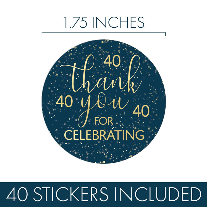 40th Birthday: Navy Blue & Gold - Adult Birthday -  Thank You Stickers - Distinctivs Party