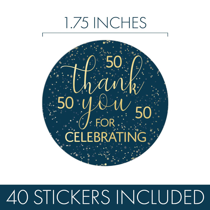 50th Birthday: Navy Blue & Gold - Adult Birthday - Thank You Stickers - Distinctivs Party