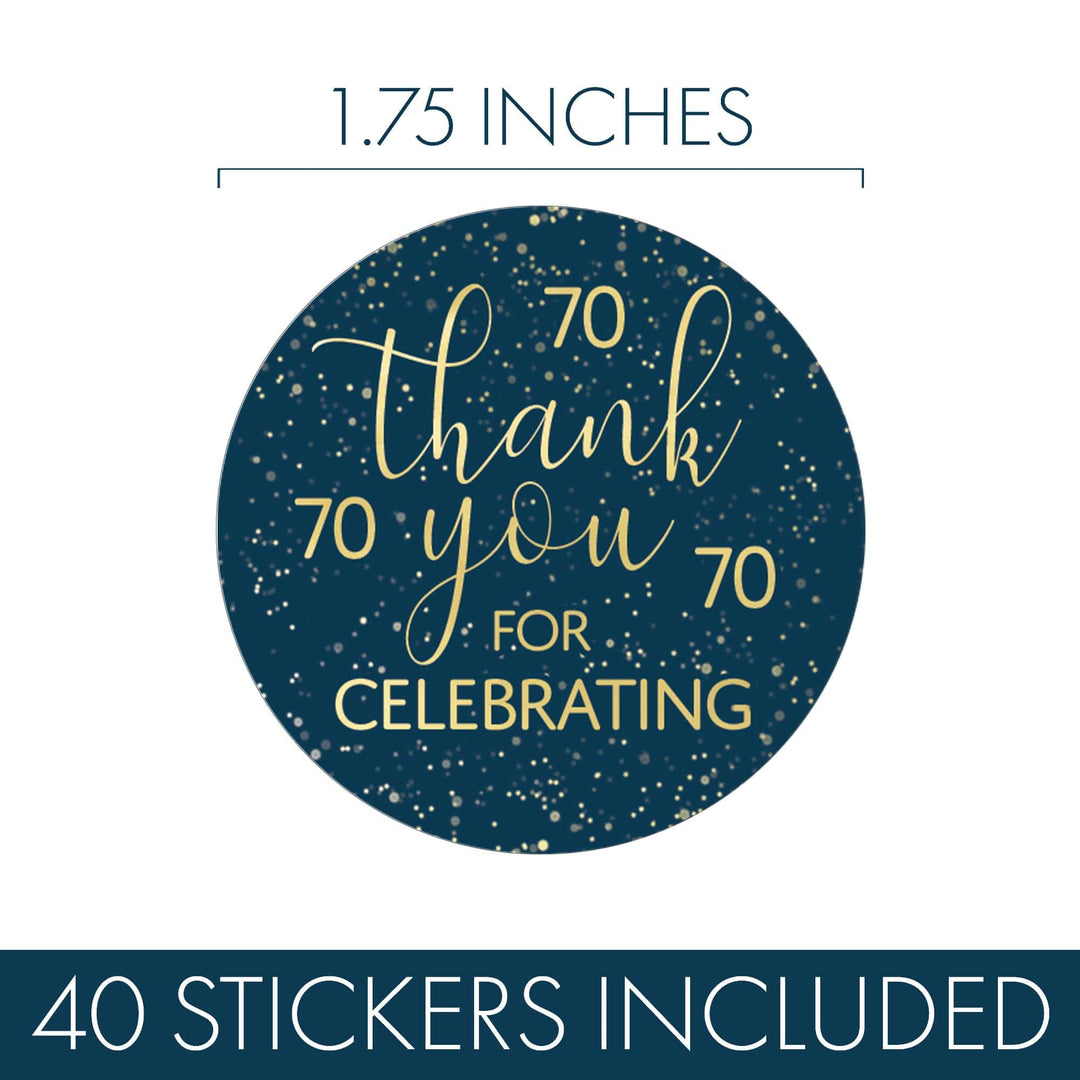 70th Birthday : Navy Blue & Gold - Adult Birthday - Thank You Stickers - Distinctivs Party