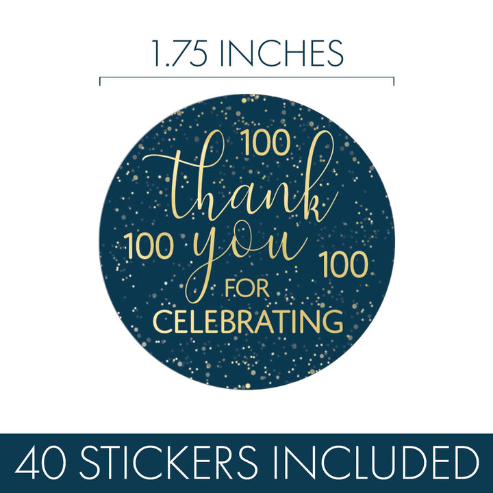 100th Birthday: Navy Blue & Gold - Adult Birthday - Thank You Stickers - 40 Stickers - Distinctivs Party