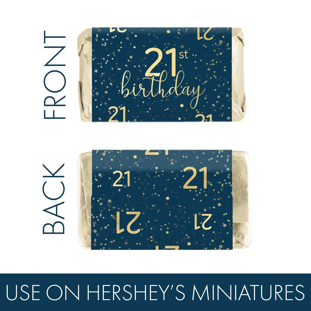 21st Birthday: Navy Blue & Gold - Adult Birthday - Hershey's® Miniatures Candy Bar Wrappers Stickers - 45 Stickers - Distinctivs Party