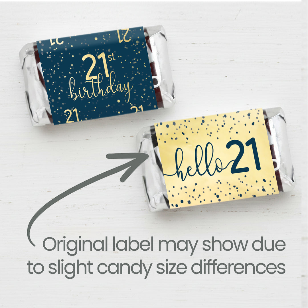 21st Birthday: Navy Blue & Gold - Adult Birthday - Hershey's® Miniatures Candy Bar Wrappers Stickers - 42 Stickers