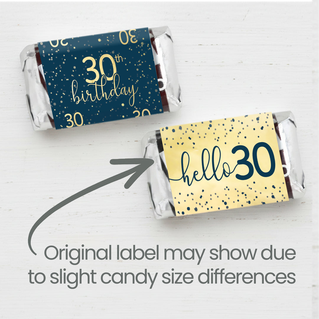 30th Birthday: Navy Blue & Gold - Adult Birthday - Hershey's® Miniatures Candy Bar Wrappers Stickers - 42 Stickers