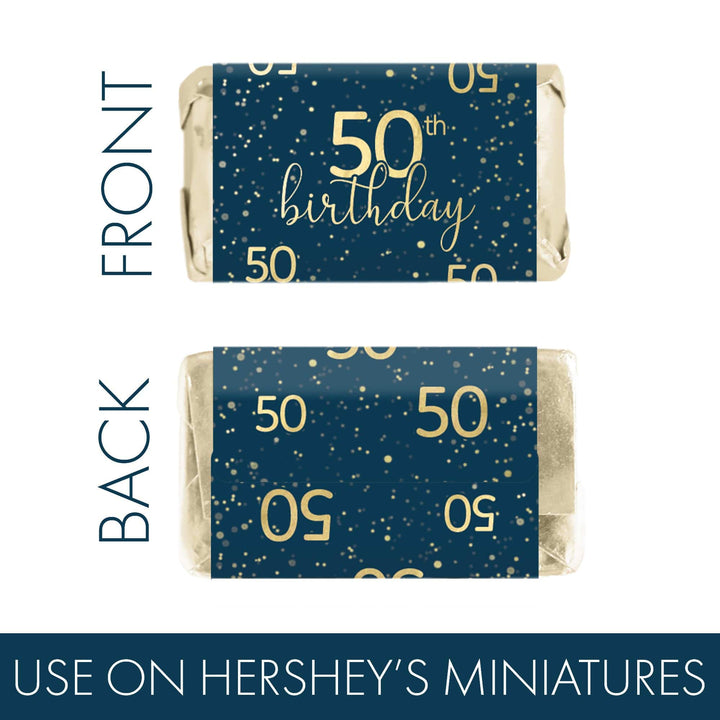 50th Birthday: Navy Blue & Gold - Adult Birthday - Hershey's® Miniatures Candy Bar Wrappers Stickers - Distinctivs Party