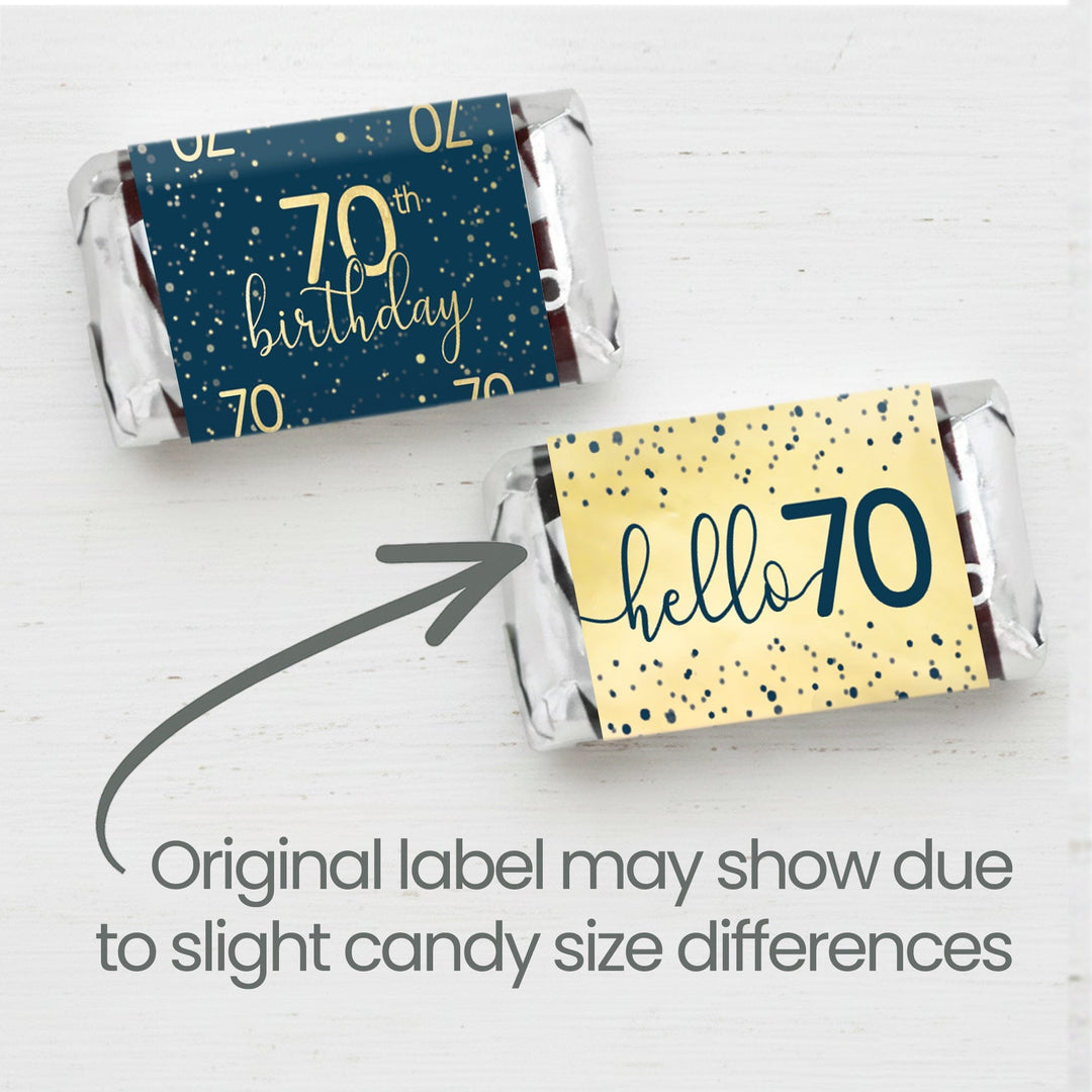Two wrapped candies with 70th birthday and hello 70 labels.