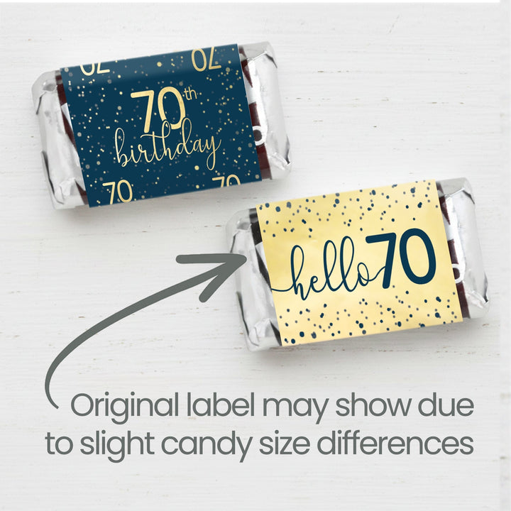 Two wrapped candies with 70th birthday and hello 70 labels.
