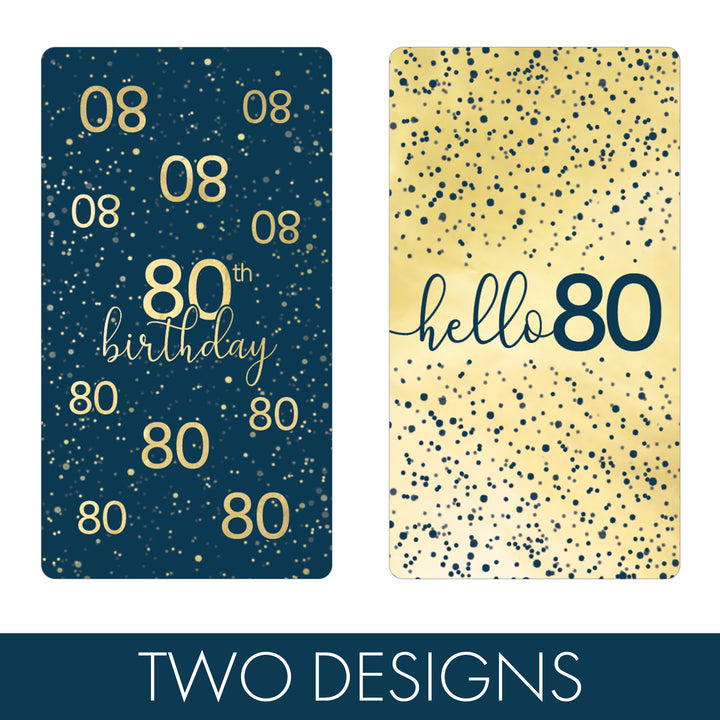 80th Birthday: Navy Blue & Gold - Adult Birthday -  Hershey's® Miniatures Candy Bar Wrappers Stickers - 42 count