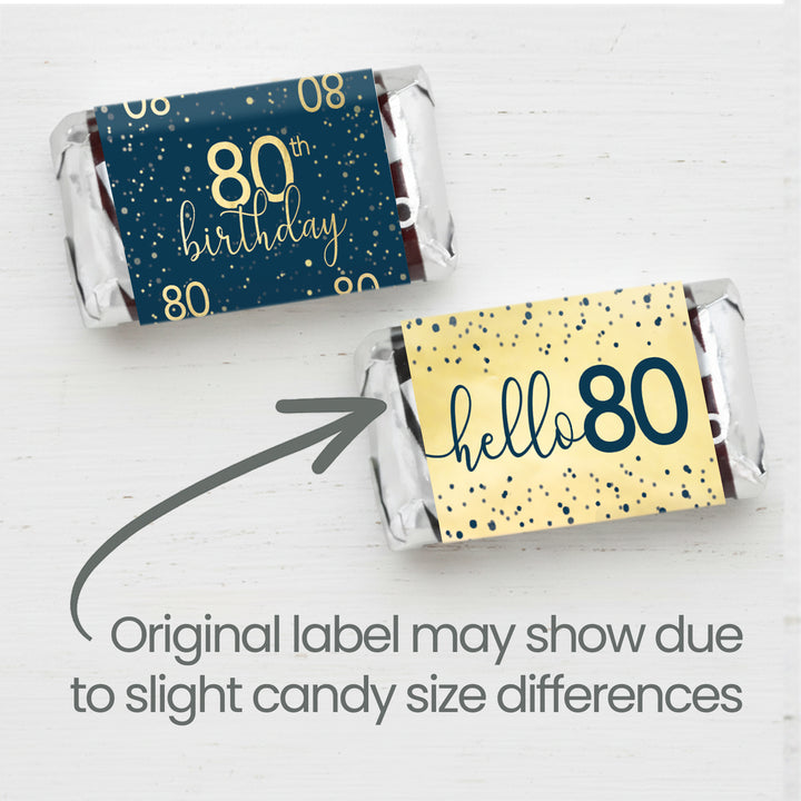 80th Birthday: Navy Blue & Gold - Adult Birthday -  Hershey's® Miniatures Candy Bar Wrappers Stickers - 42 count