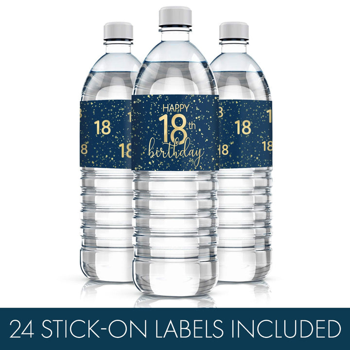 18th Birthday: Navy Blue & Gold - Adult Birthday -  Water Bottle Labels - 24 Waterproof Stickers - Distinctivs Party