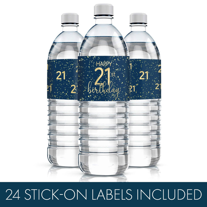 21st Birthday: Navy Blue & Gold - Adult Birthday - Water Bottle Labels -24 Waterproof Stickers - Distinctivs Party