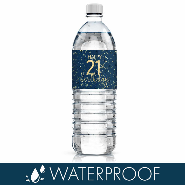 21st Birthday: Navy Blue & Gold - Adult Birthday - Water Bottle Labels -24 Waterproof Stickers - Distinctivs Party