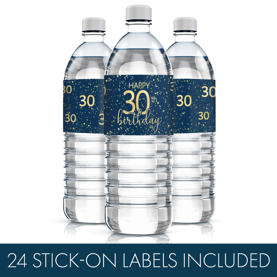 30th Birthday: Navy Blue & Gold - Adult Birthday - Water Bottle Labels - 24 Waterproof Stickers - Distinctivs Party