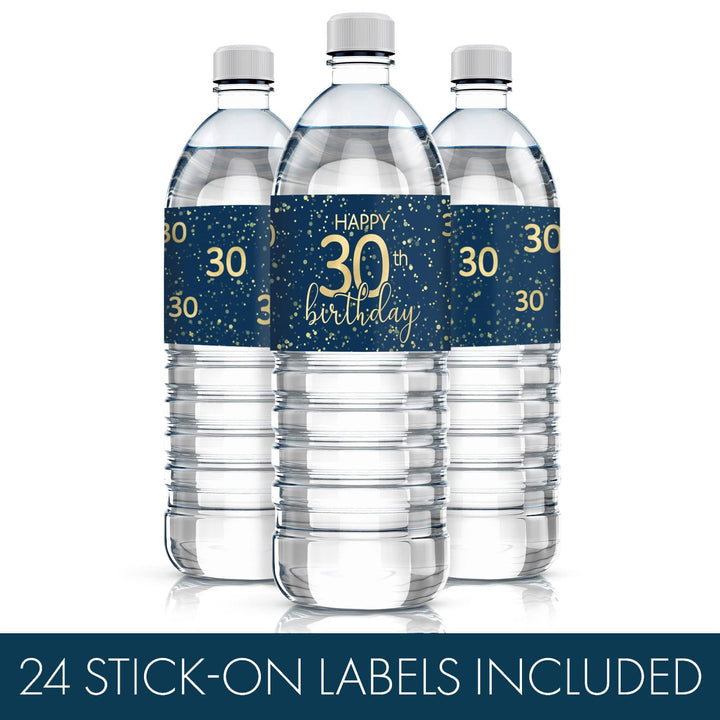 30th Birthday: Navy Blue & Gold - Adult Birthday - Water Bottle Labels - 24 Waterproof Stickers - Distinctivs Party