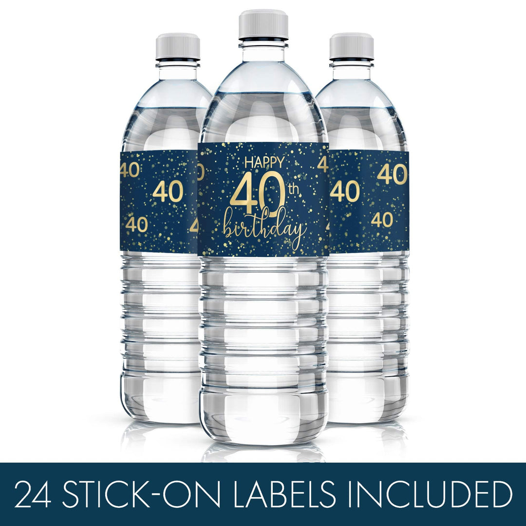 40th Birthday: Navy Blue & Gold - Adult Birthday -  Water Bottle Labels - Distinctivs Party