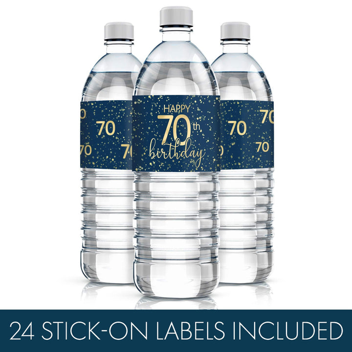 70th Birthday: Navy Blue & Gold - Adult Birthday - Water Bottle Labels - Distinctivs Party