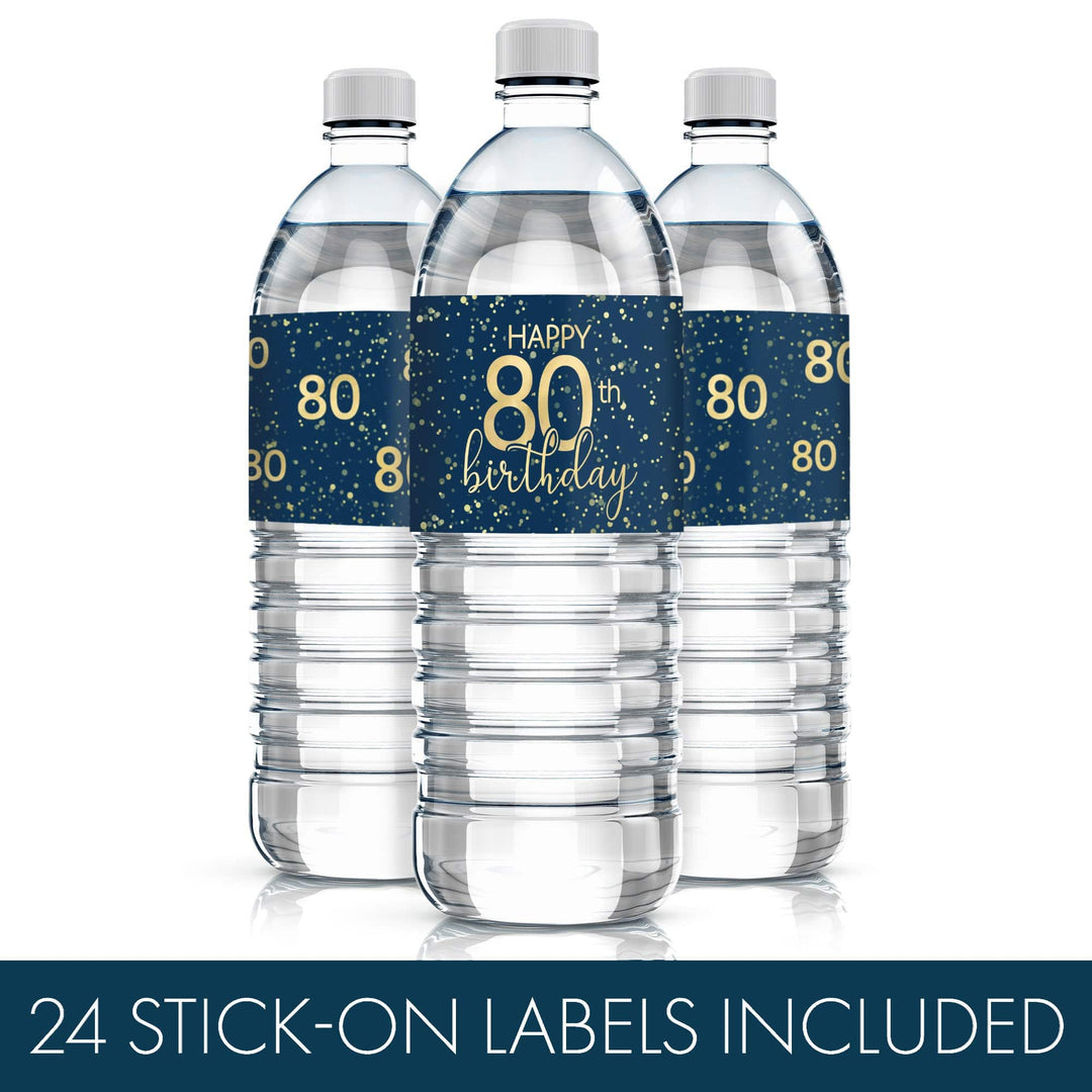 80th Birthday: Navy Blue & Gold - Adult Birthday - Water Bottle Labels - Distinctivs Party