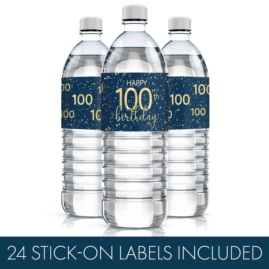 100th Birthday: Navy Blue & Gold - Adult Birthday - Water Bottle Labels - 24 Waterproof Stickers - Distinctivs Party