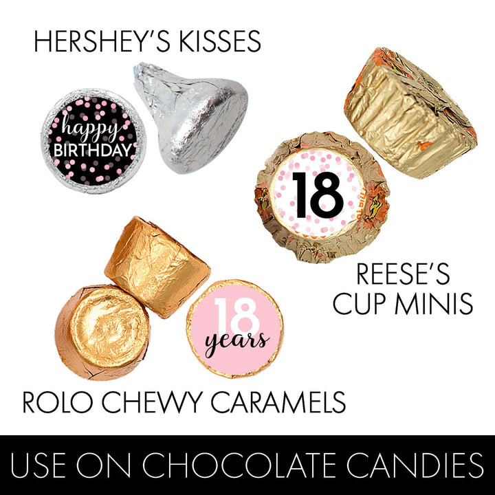 18th Birthday: Pink and Black - Adult Birthday - Party Favor Stickers - Fits on Hershey's Kisses - 180 Stickers - Distinctivs Party