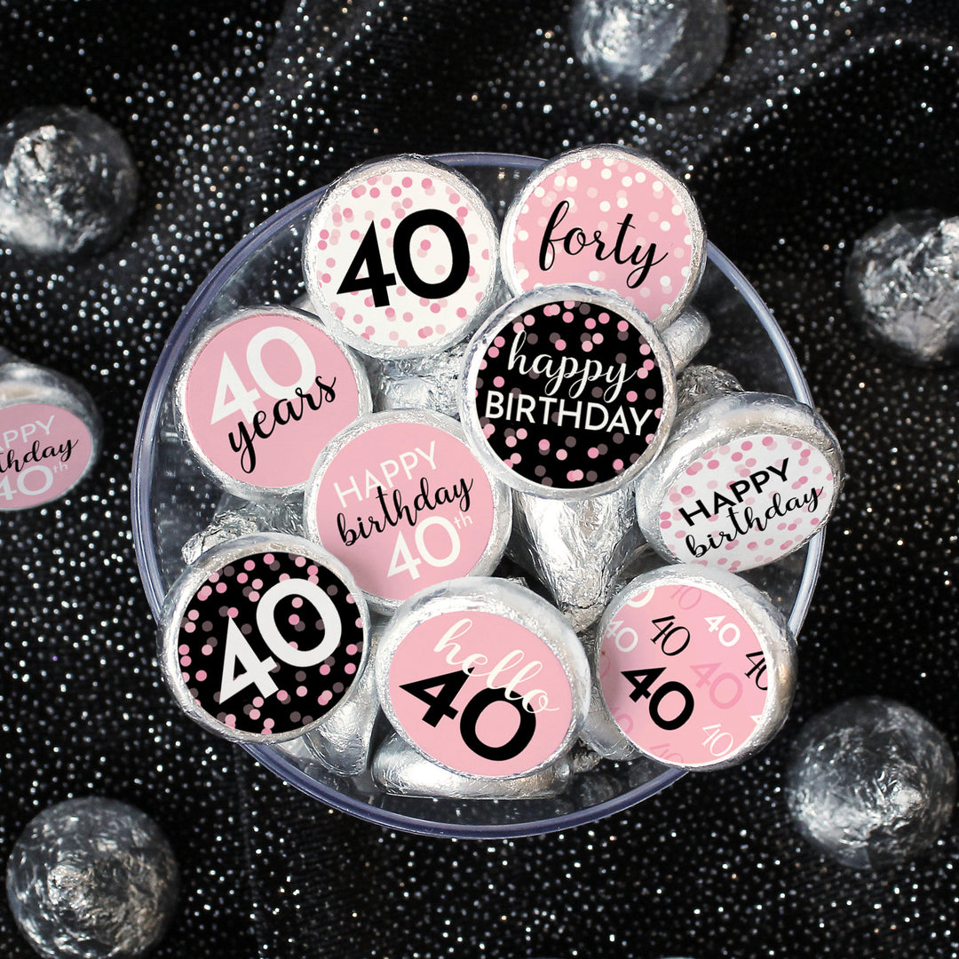 40th Birthday: Pink and Black - Adult Birthday - Party Favor Stickers - Fits on Hershey's Kisses - 180 Stickers