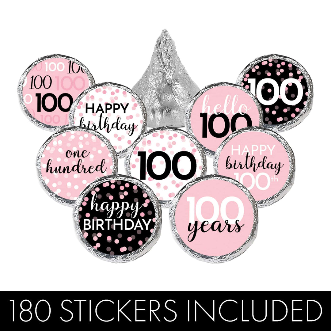 100th Birthday: Pink and Black - Adult Birthday - Party Favor Stickers - Fits on Hershey's Kisses - 180 Stickers - Distinctivs Party