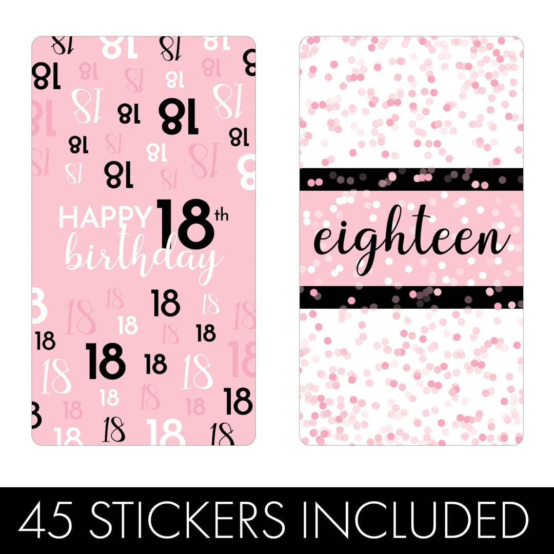 18th Birthday: Pink and Black - Adult Birthday - Hershey's Miniatures Candy Bar Wrappers Stickers - 45 Stickers - Distinctivs Party